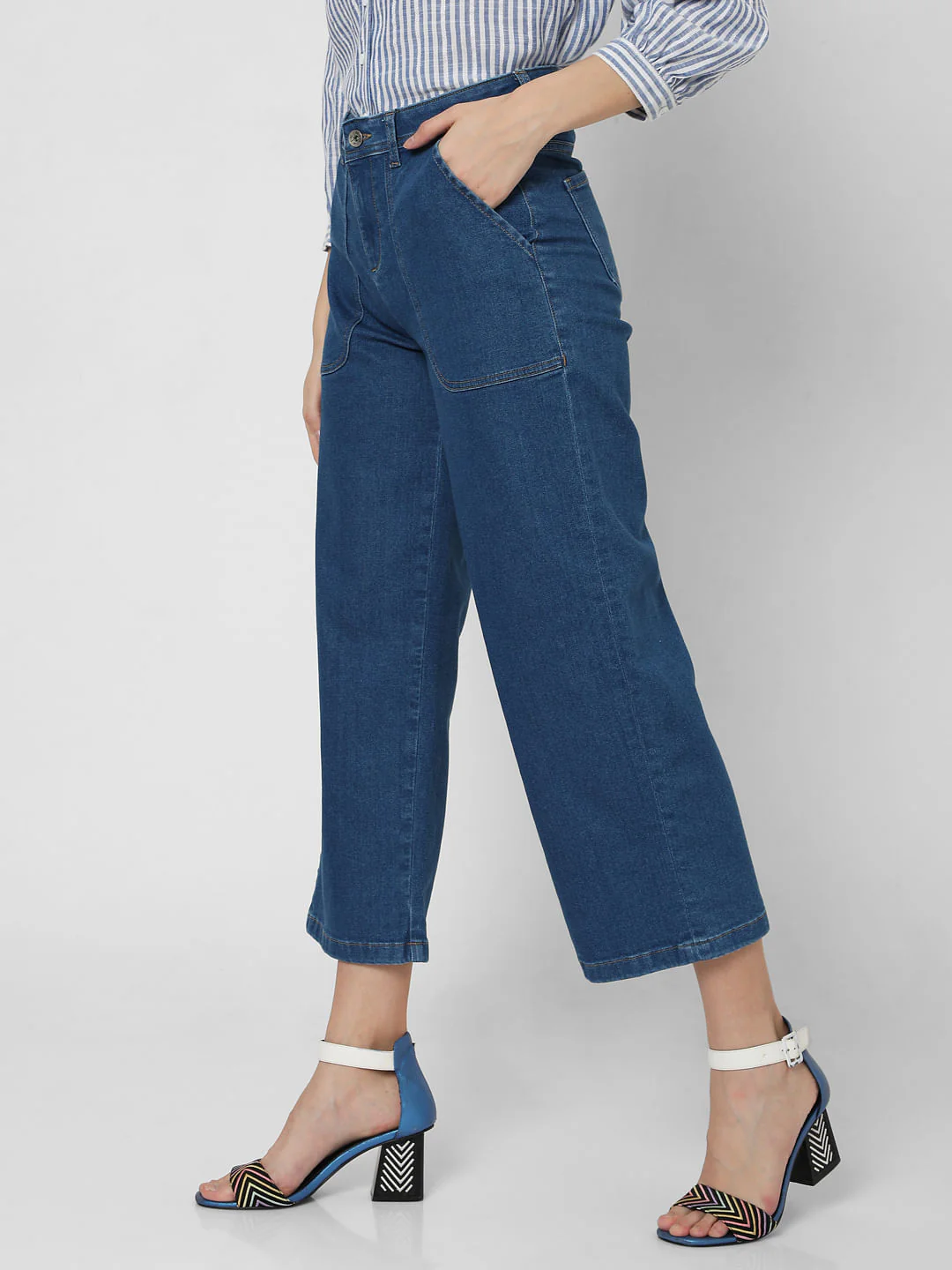 Blue High Rise Patch Pocket Wide Leg Jeans - Image 2
