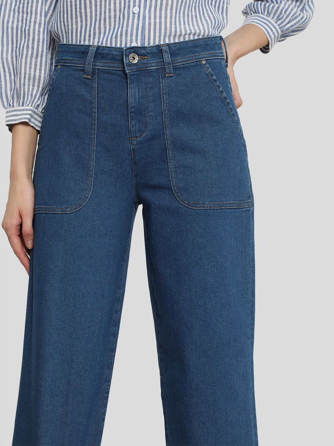 Blue High Rise Patch Pocket Wide Leg Jeans - Image 4