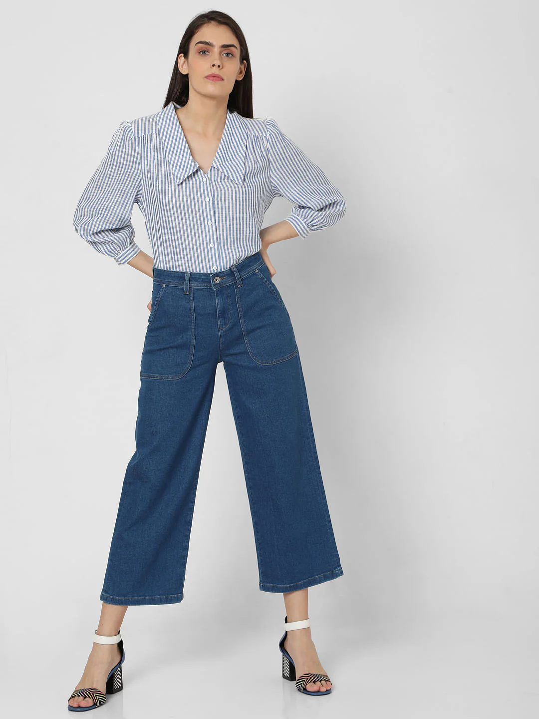 Blue High Rise Patch Pocket Wide Leg Jeans - Image 5