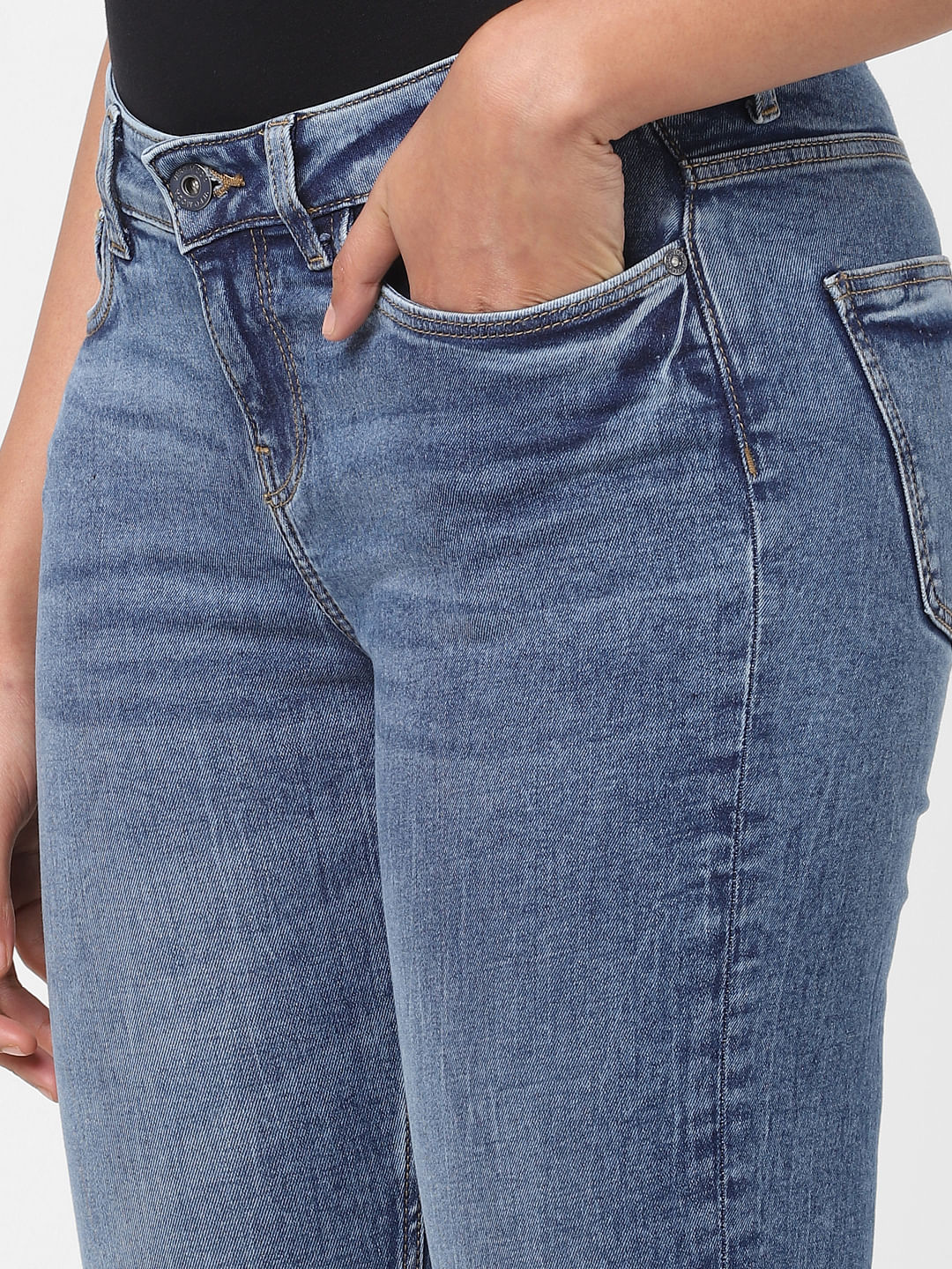Blue Mid Rise Textured Skinny Jeans - Image 5