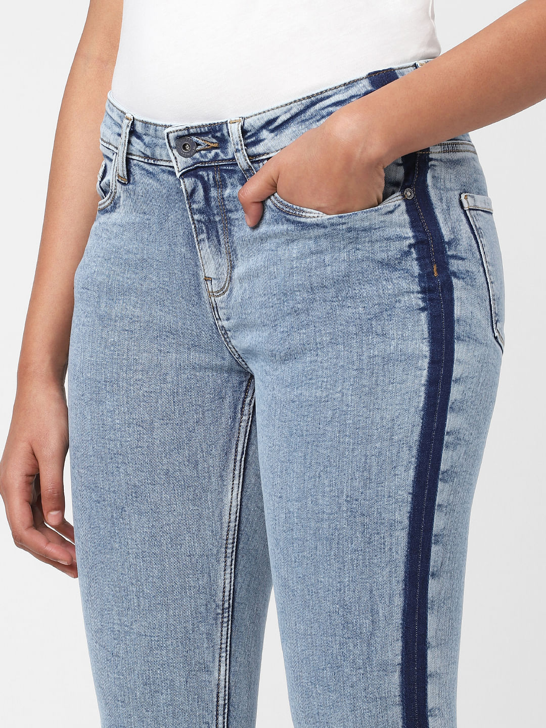 Blue Mid Rise Tape Detail Bootcut Jeans - Image 5