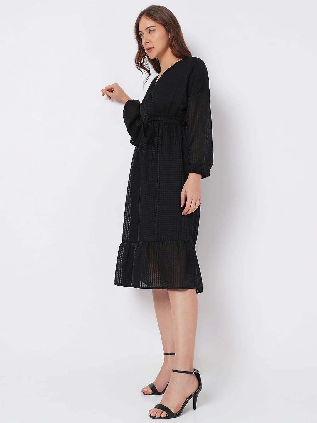 Black Textured Tiered Midi Dress - Image 3