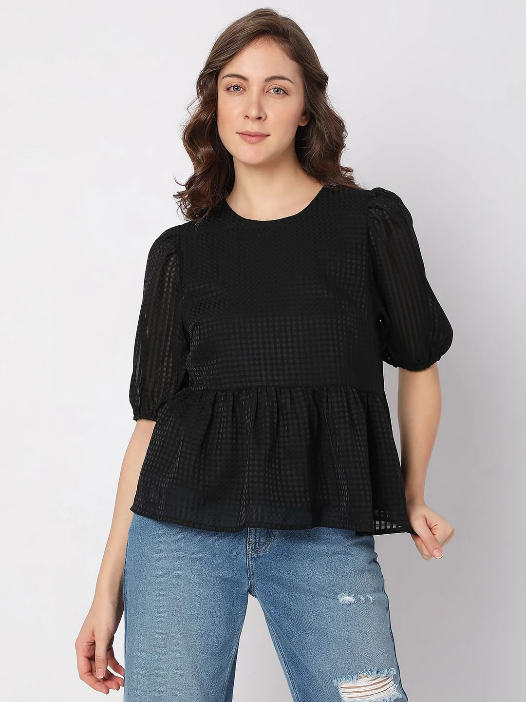 Black Textured Peplum Top - Image 2