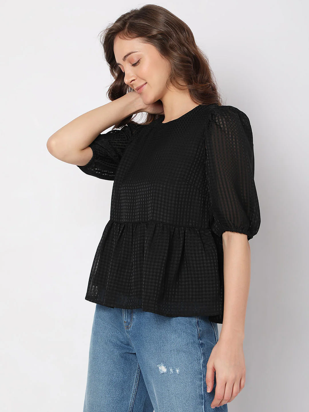 Black Textured Peplum Top - Image 3