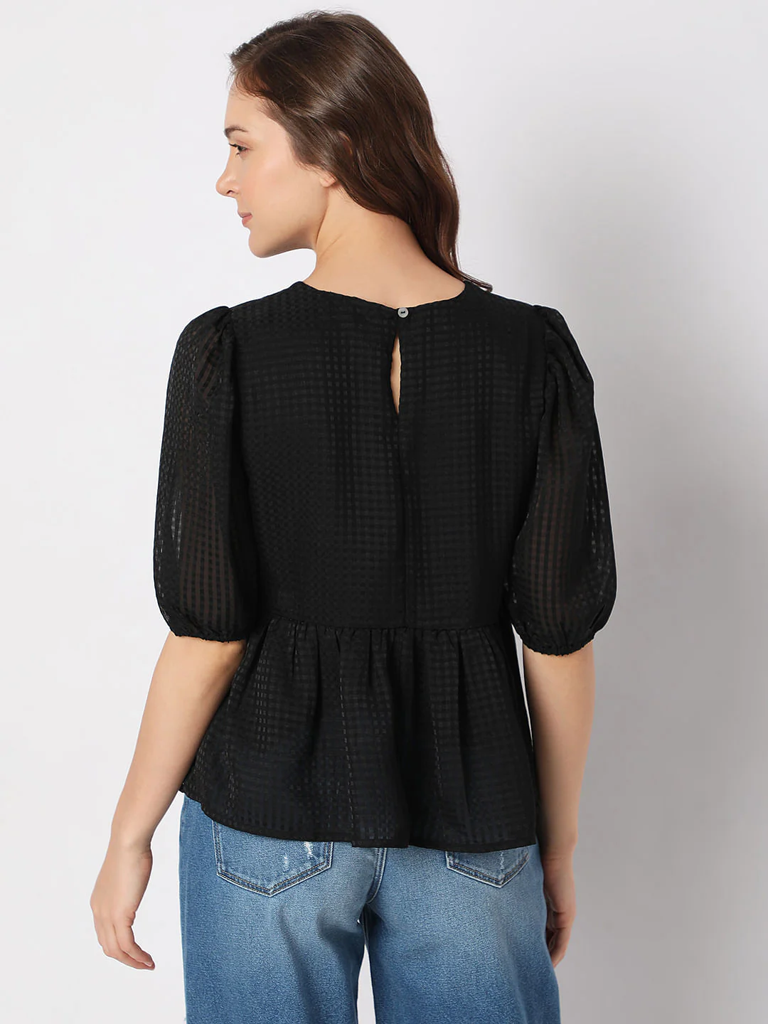 Black Textured Peplum Top - Image 4