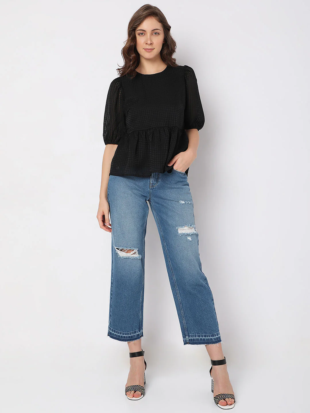 Black Textured Peplum Top - Image 5
