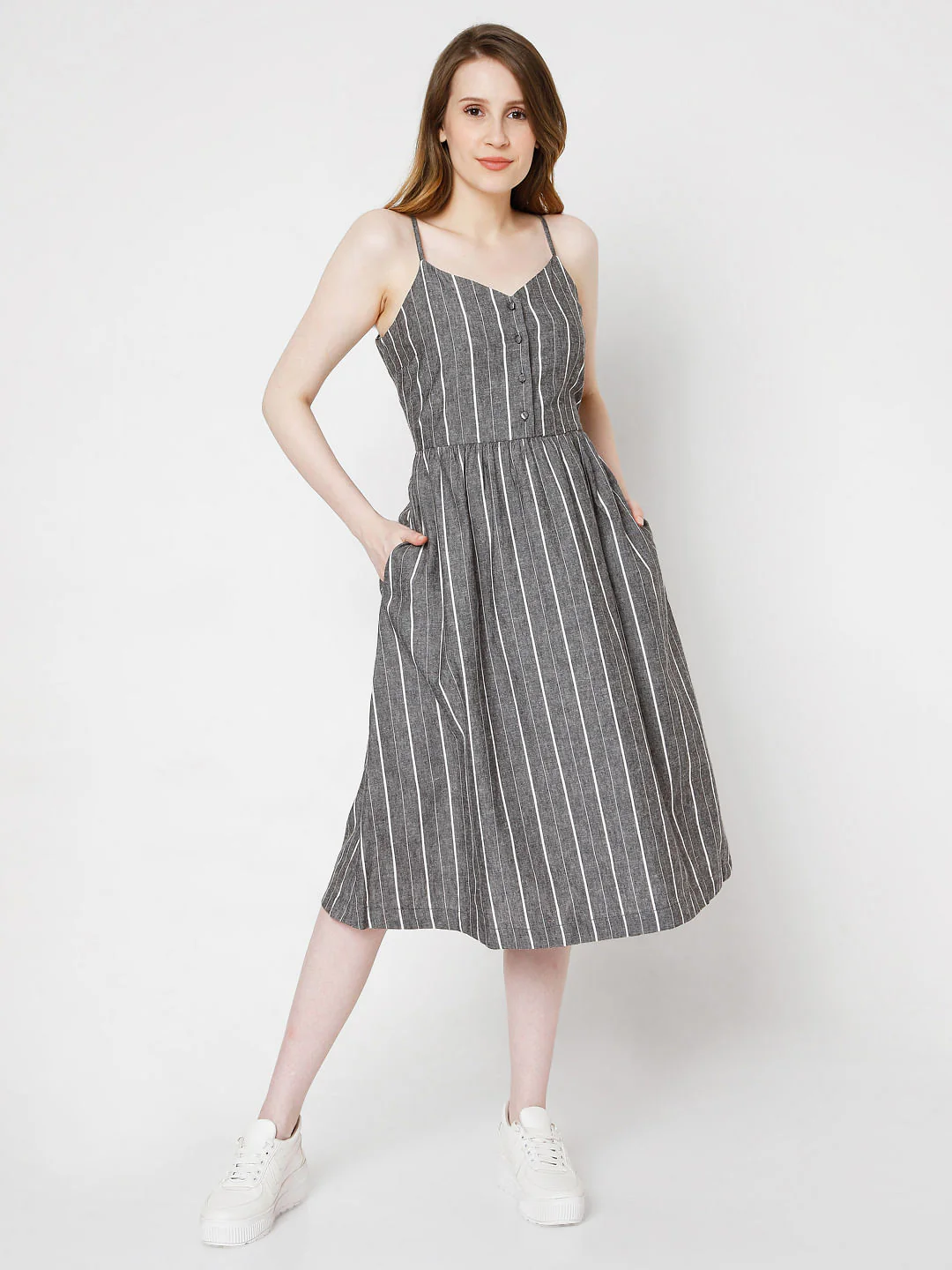 Grey Striped Strappy Dress - Image 2