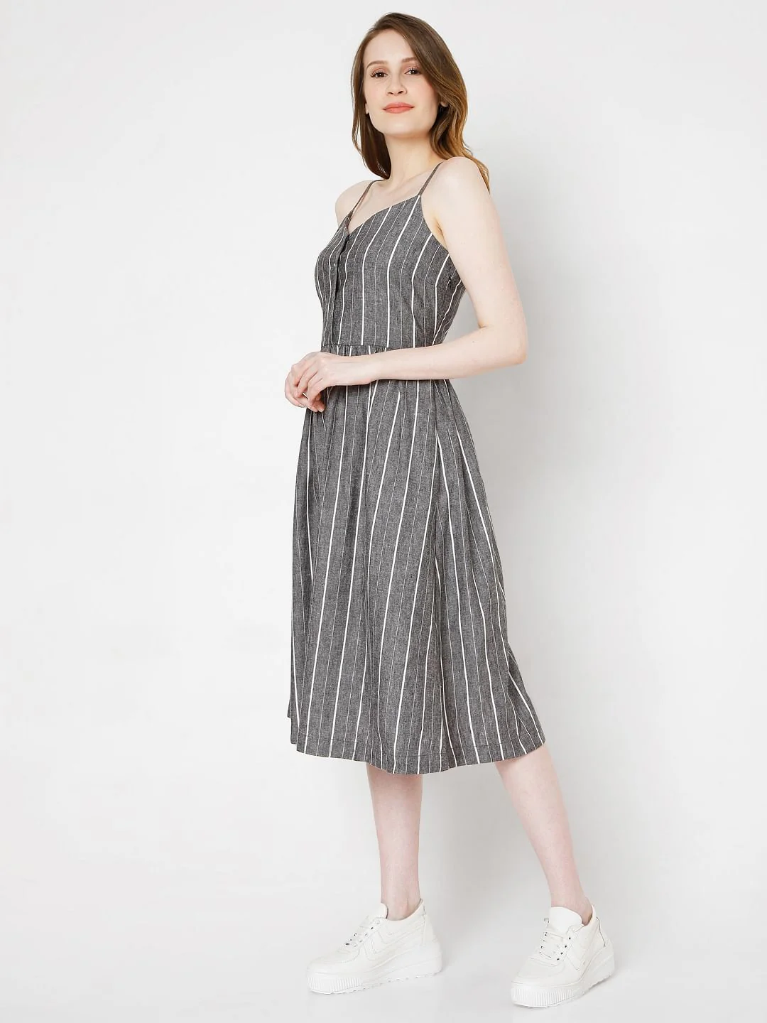 Grey Striped Strappy Dress - Image 3