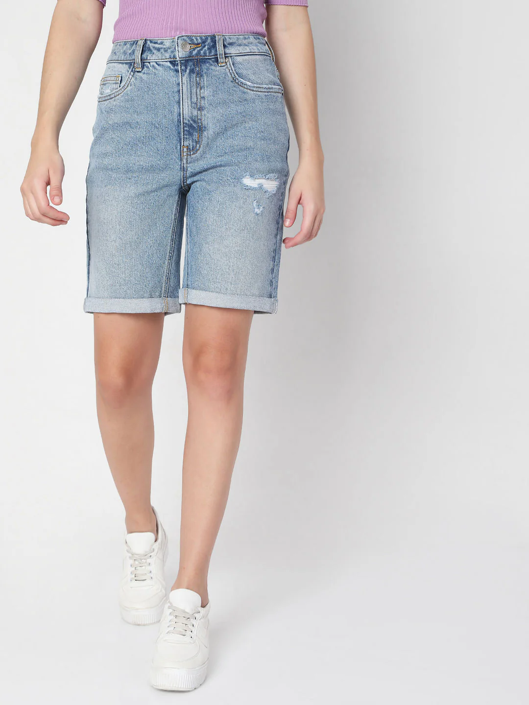 Blue Mid Rise Denim Shorts - Image 2