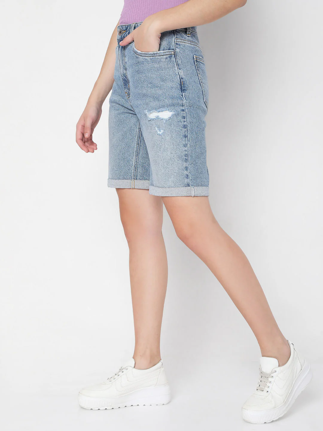 Blue Mid Rise Denim Shorts - Image 3