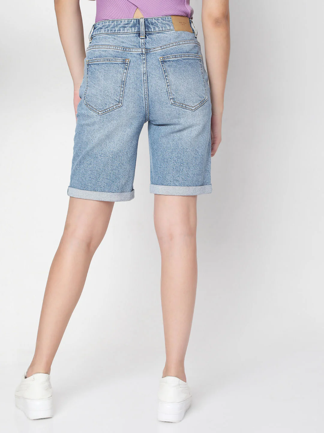 Blue Mid Rise Denim Shorts - Image 4