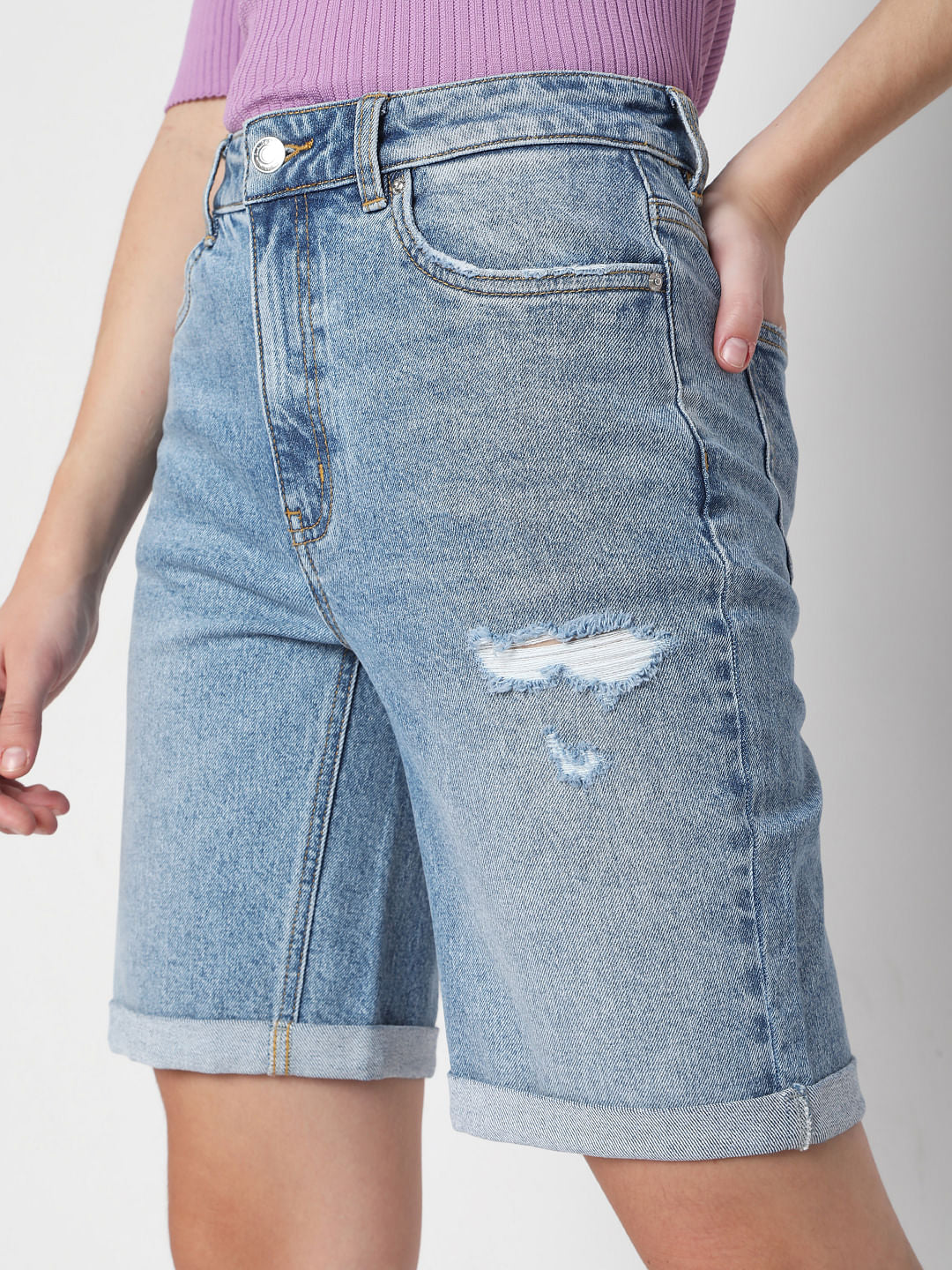 Blue Mid Rise Denim Shorts - Image 5
