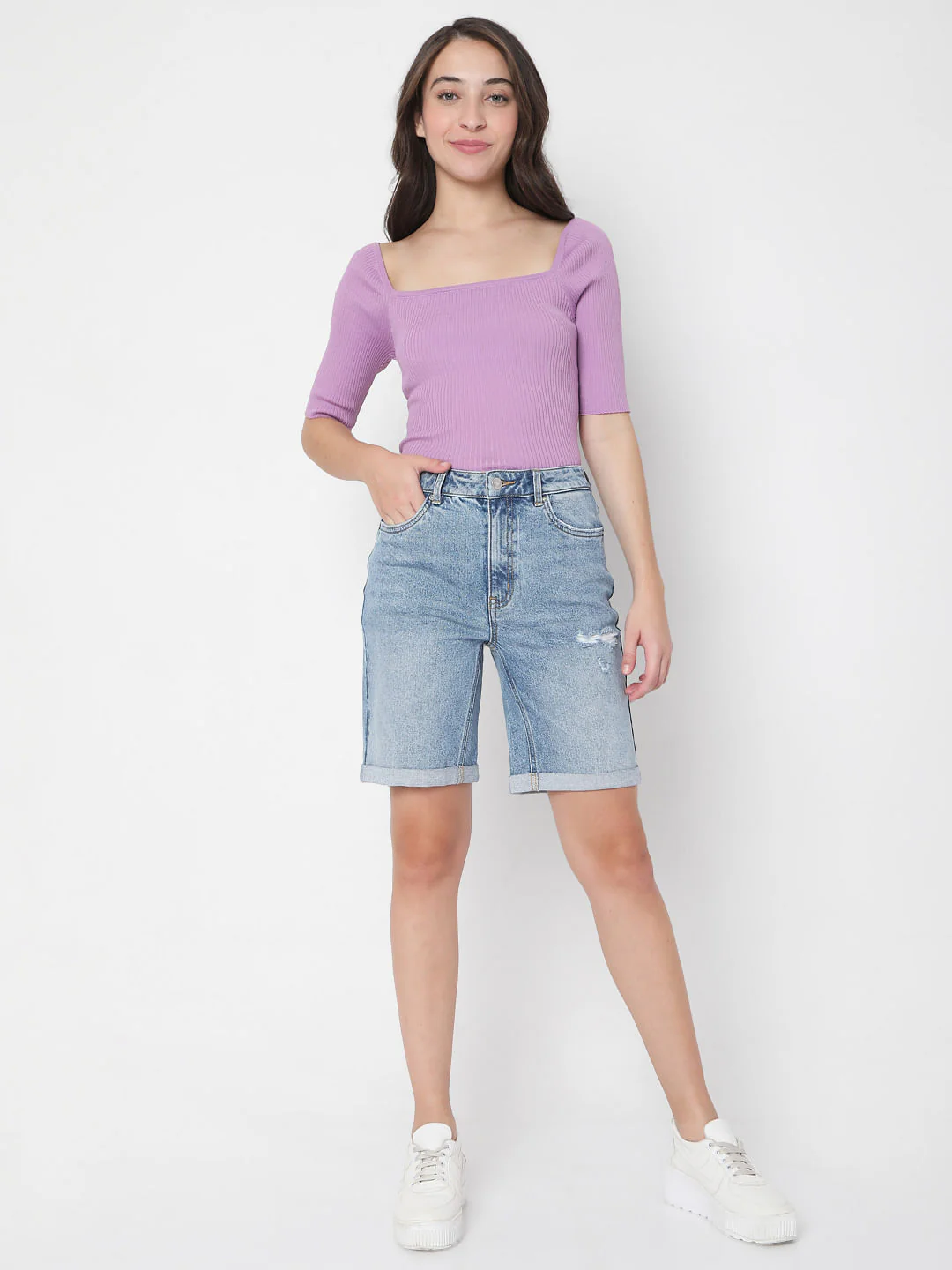 Blue Mid Rise Denim Shorts - Image 6