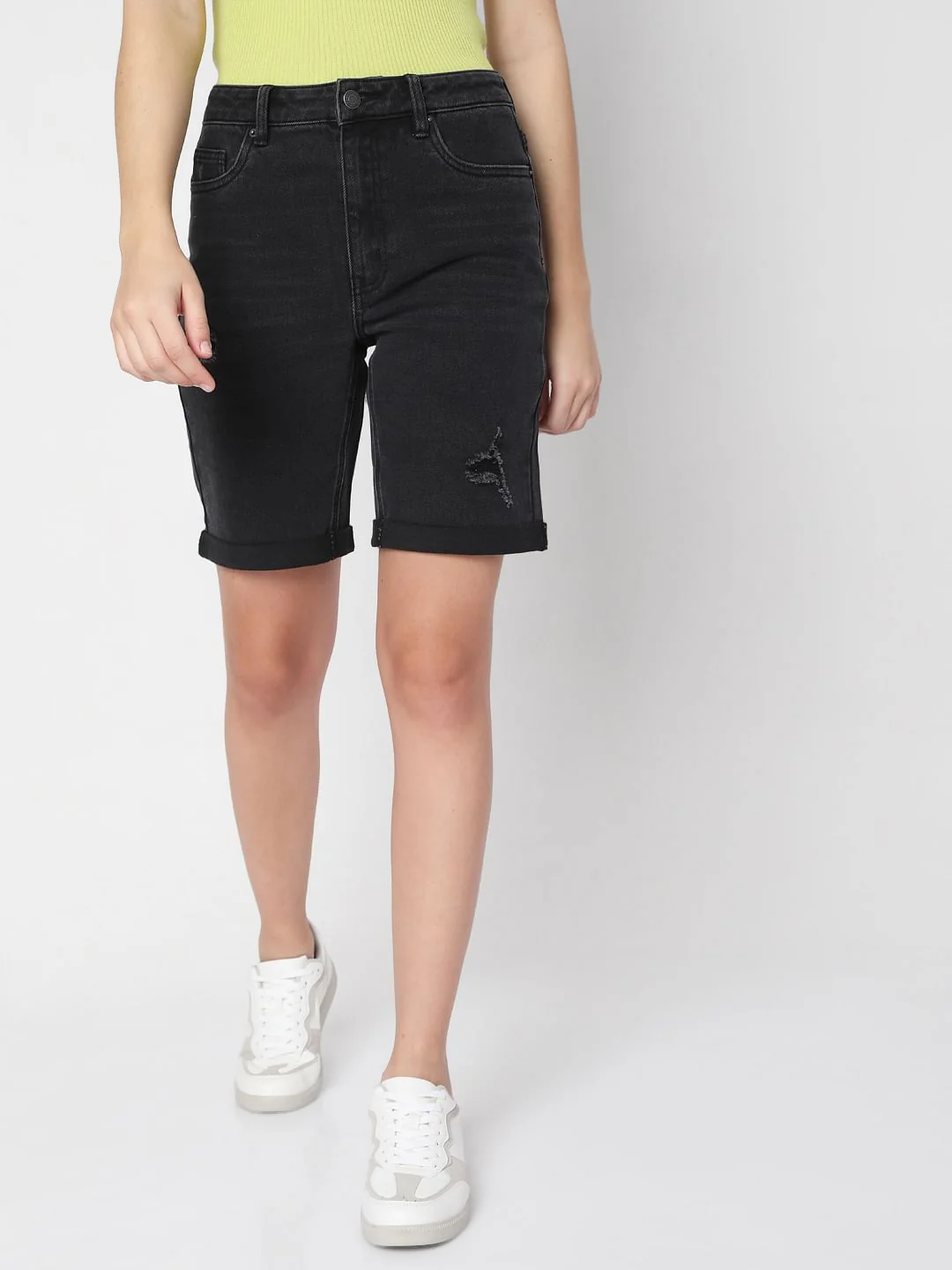 Black Mid Rise Denim Shorts - Image 2
