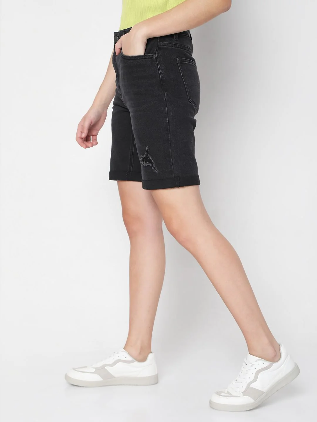 Black Mid Rise Denim Shorts - Image 3