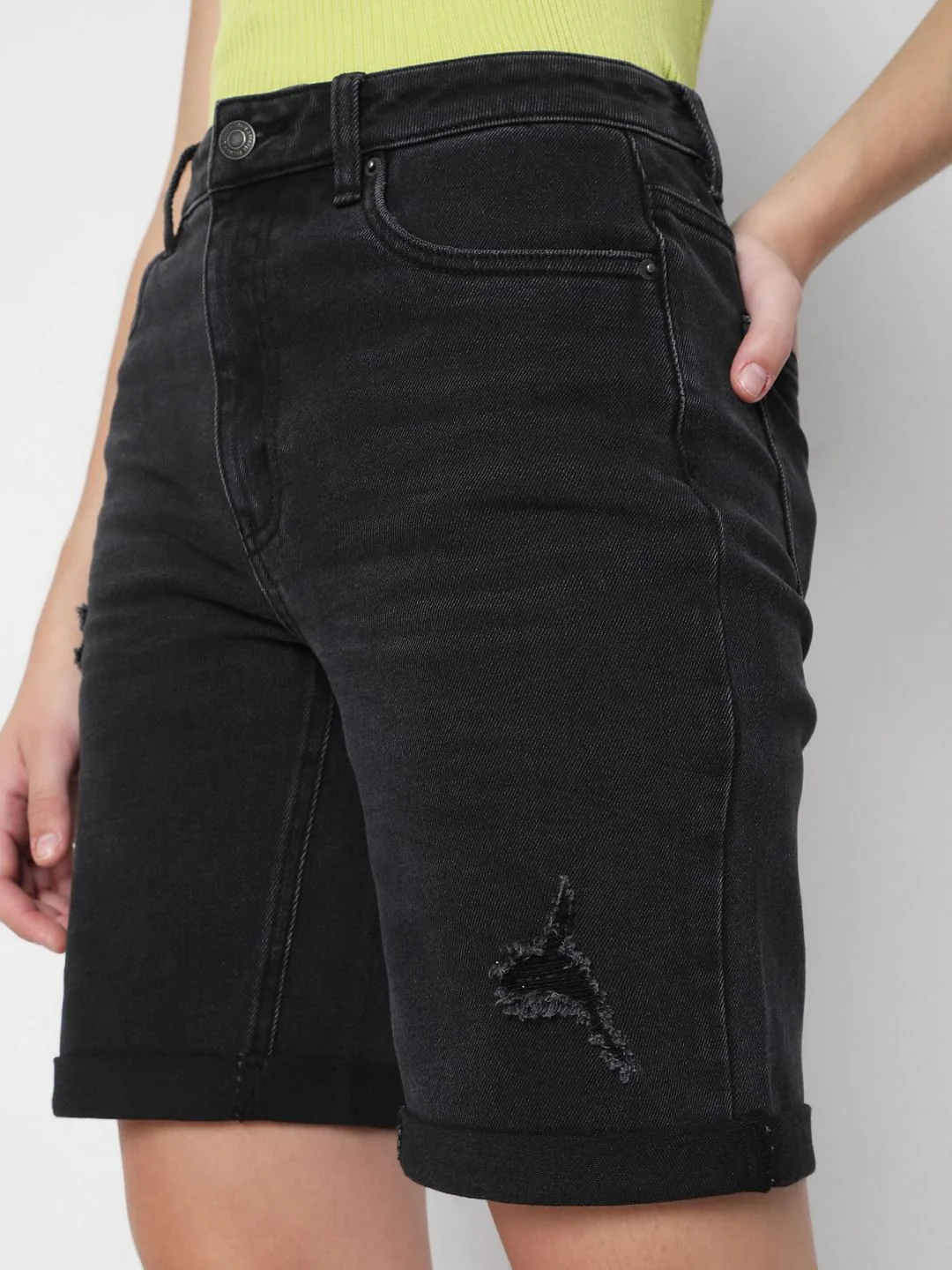 Black Mid Rise Denim Shorts - Image 5