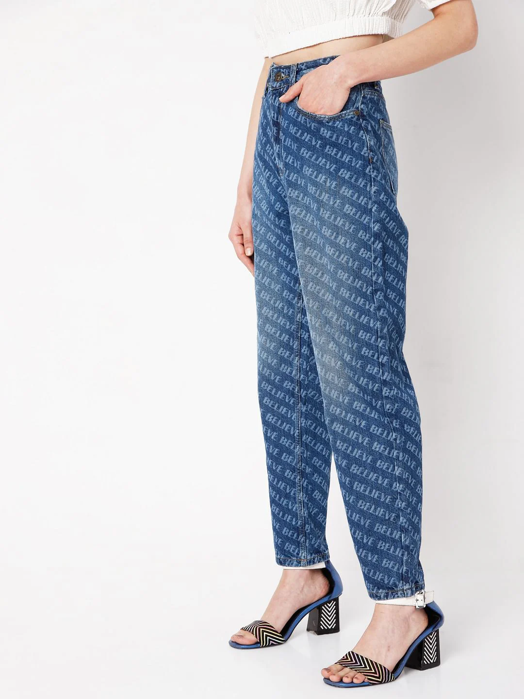 Blue Printed Mom Jeans - Image 3