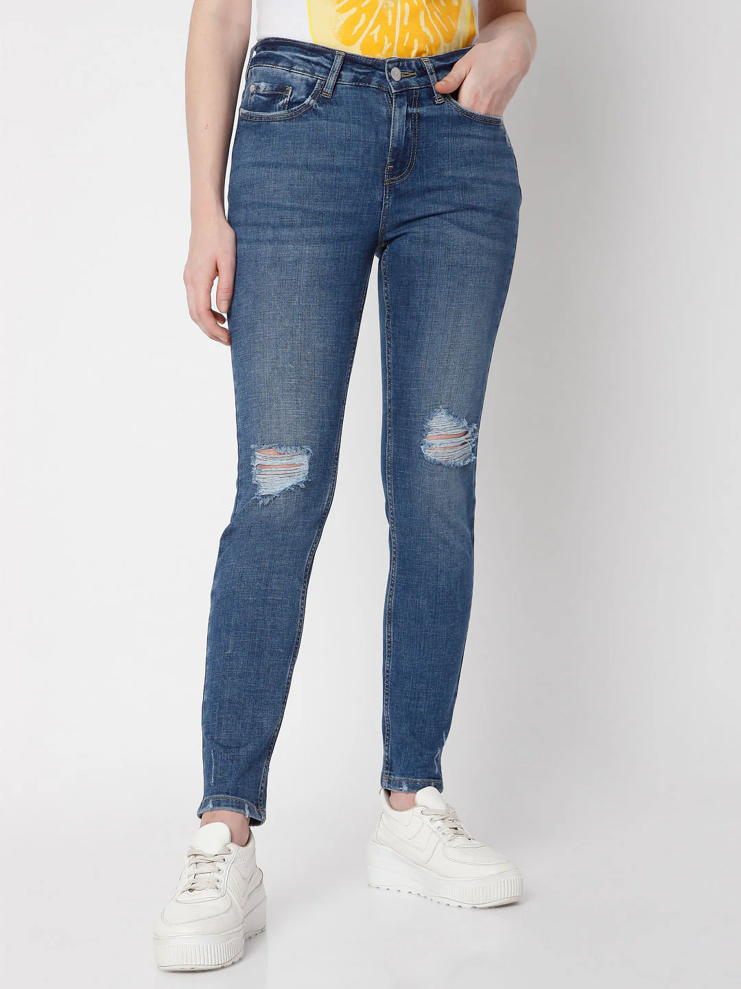 Blue Mid Rise Skinny Ripped Jeans - Image 2
