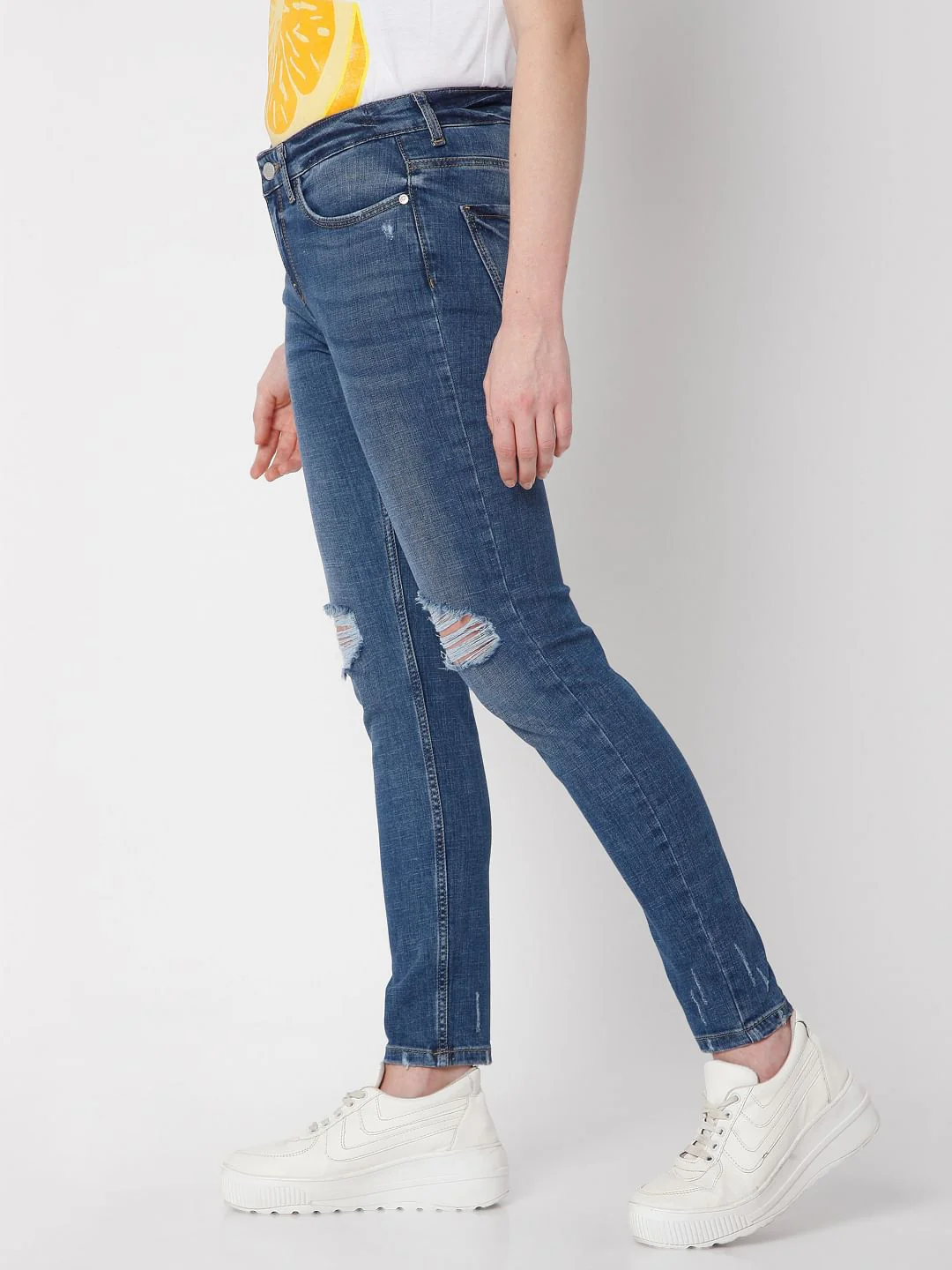 Blue Mid Rise Skinny Ripped Jeans - Image 3