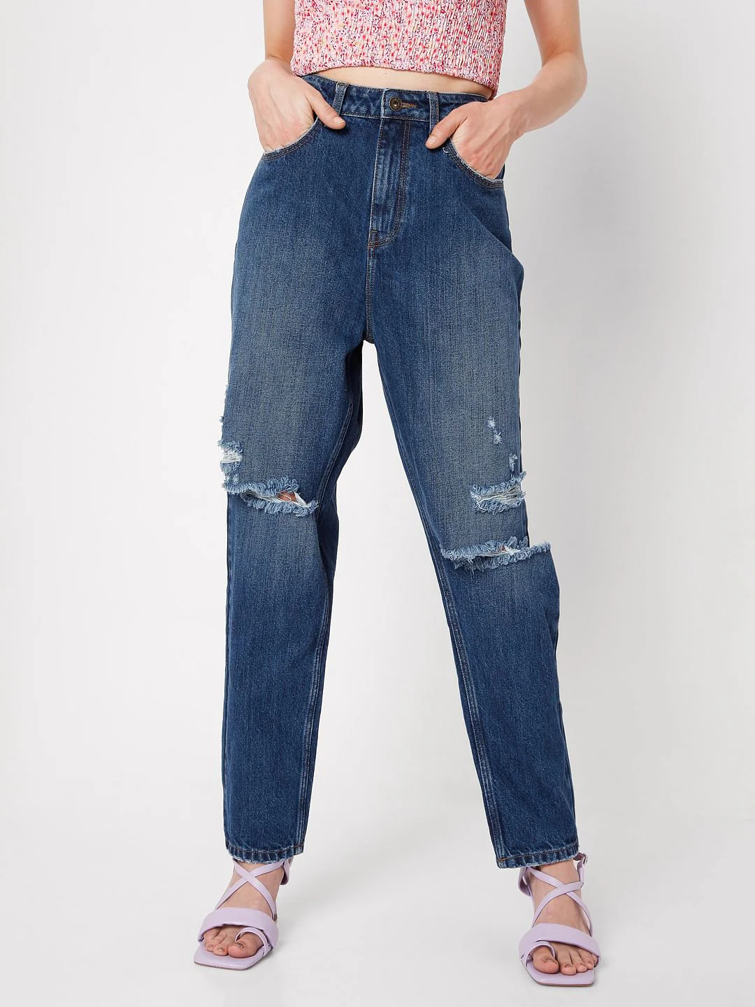 Blue Mid Rise Ripped Jade Straight Fit Jeans - Image 2