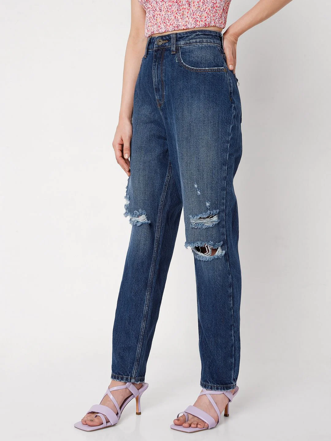 Blue Mid Rise Ripped Jade Straight Fit Jeans - Image 3