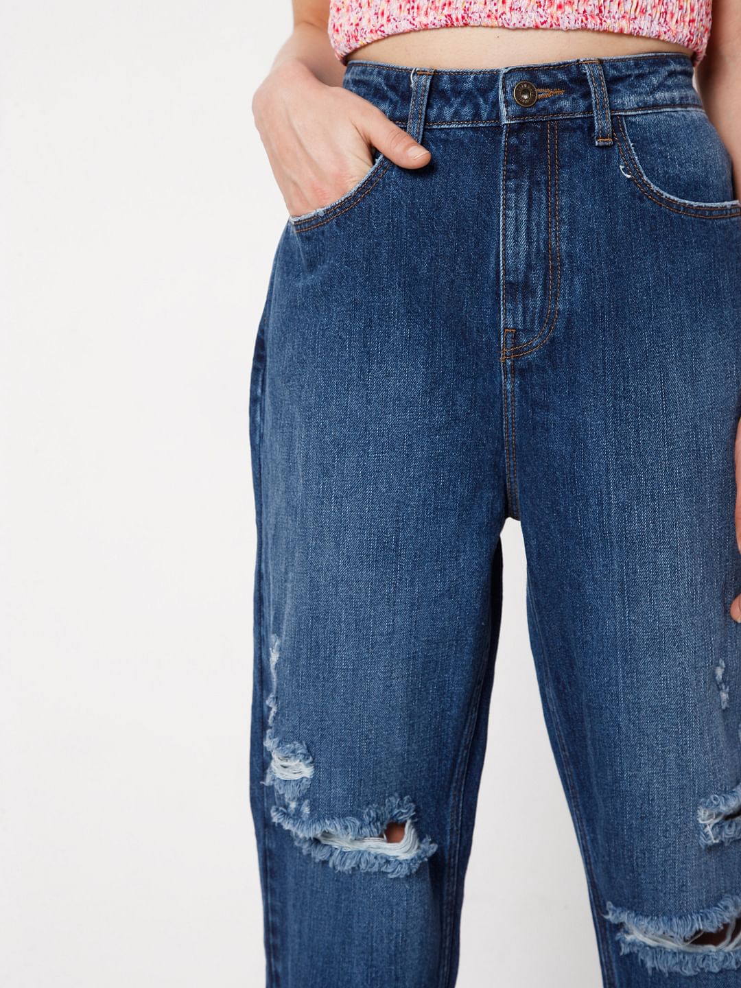 Blue Mid Rise Ripped Jade Straight Fit Jeans - Image 5