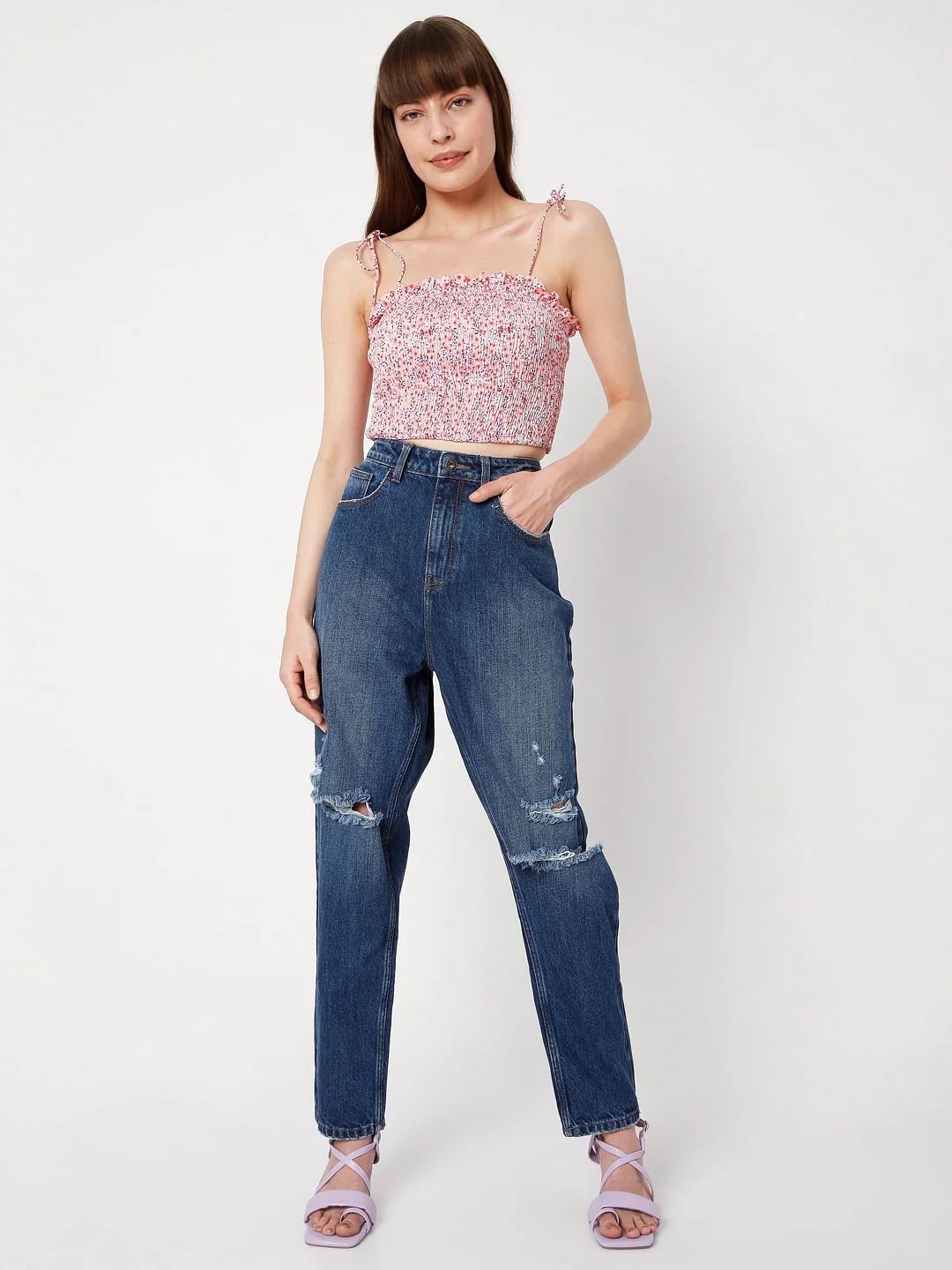 Blue Mid Rise Ripped Jade Straight Fit Jeans - Image 6