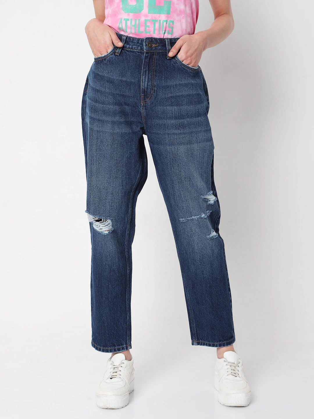 Blue Mid Rise Ripped Jade Straight Fit Jeans - Image 2