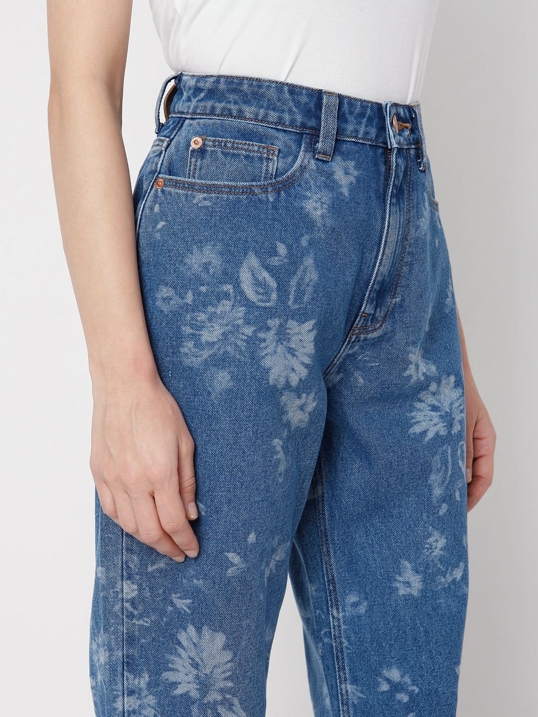Blue High Waist Printed Mom Jeans - Image 5