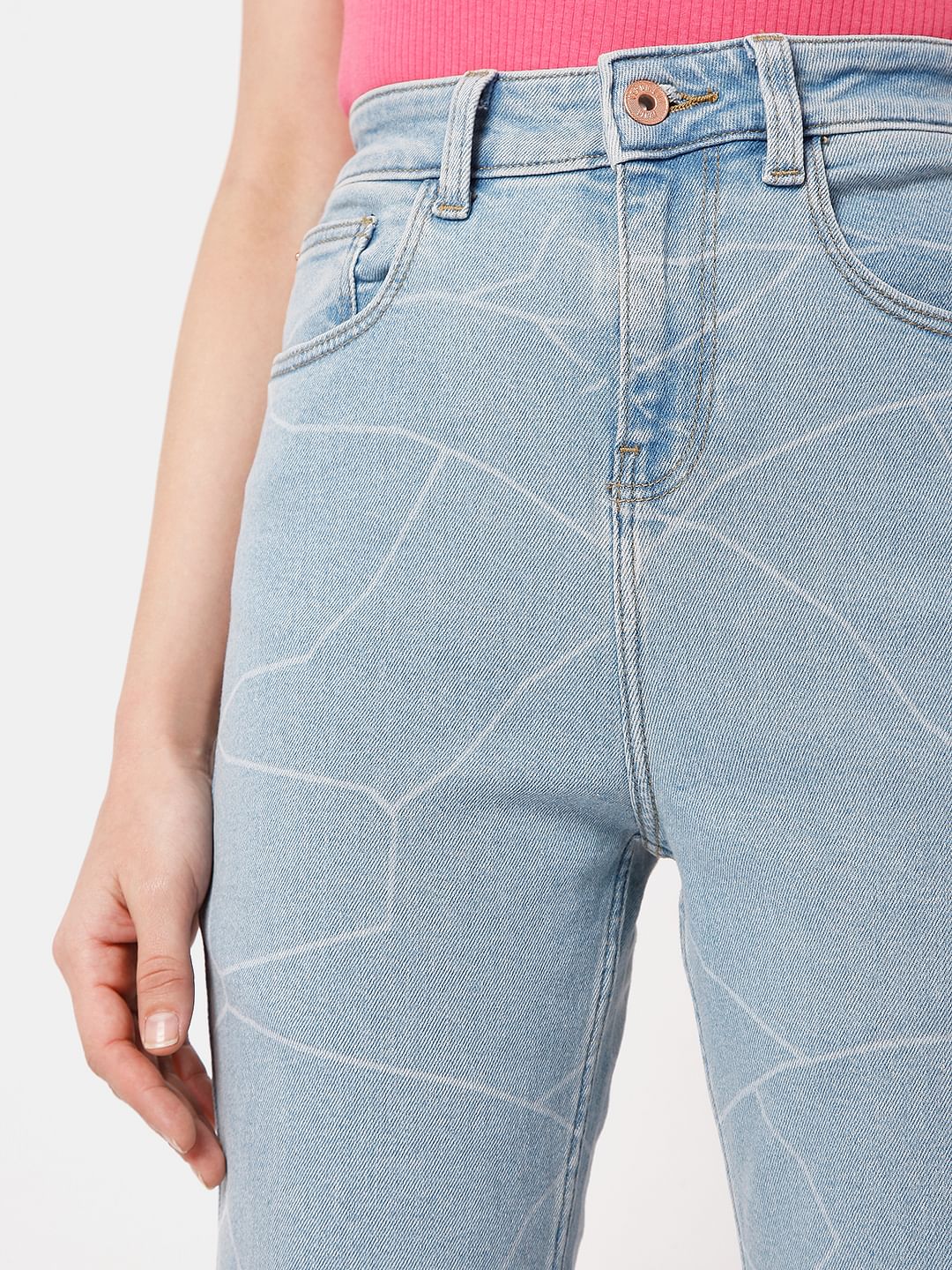 Blue Printed High Waist Jeans - Image 5