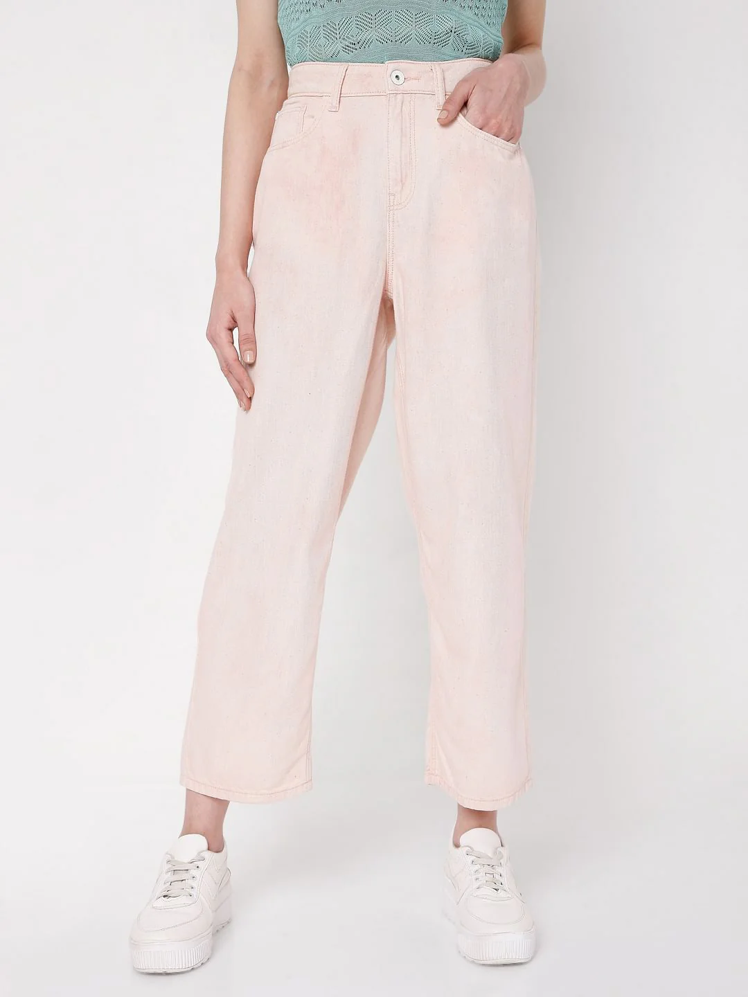 Pink High Rise Washed Jade Straight Fit Jeans - Image 2