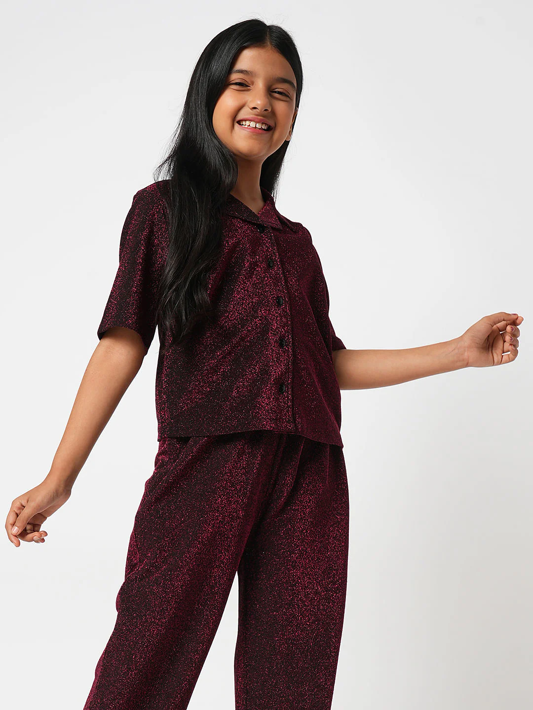 Maroon Shimmer Co-Ord Set Shirt - Image 3