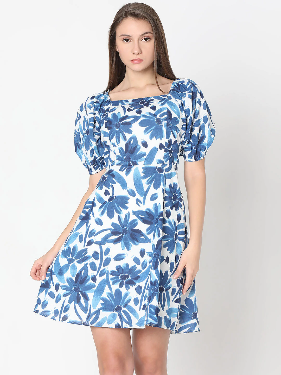 Blue Floral Print Fit & Flare Dress - Image 2