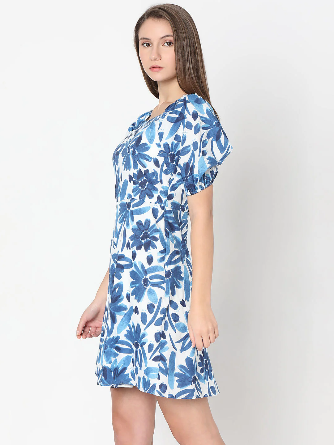 Blue Floral Print Fit & Flare Dress - Image 3