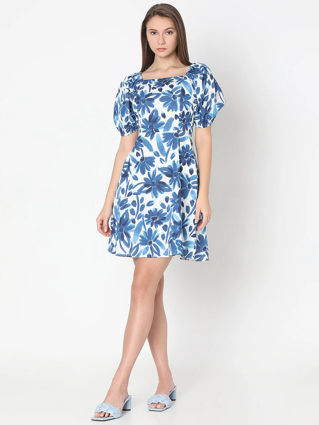 Blue Floral Print Fit & Flare Dress - Image 5
