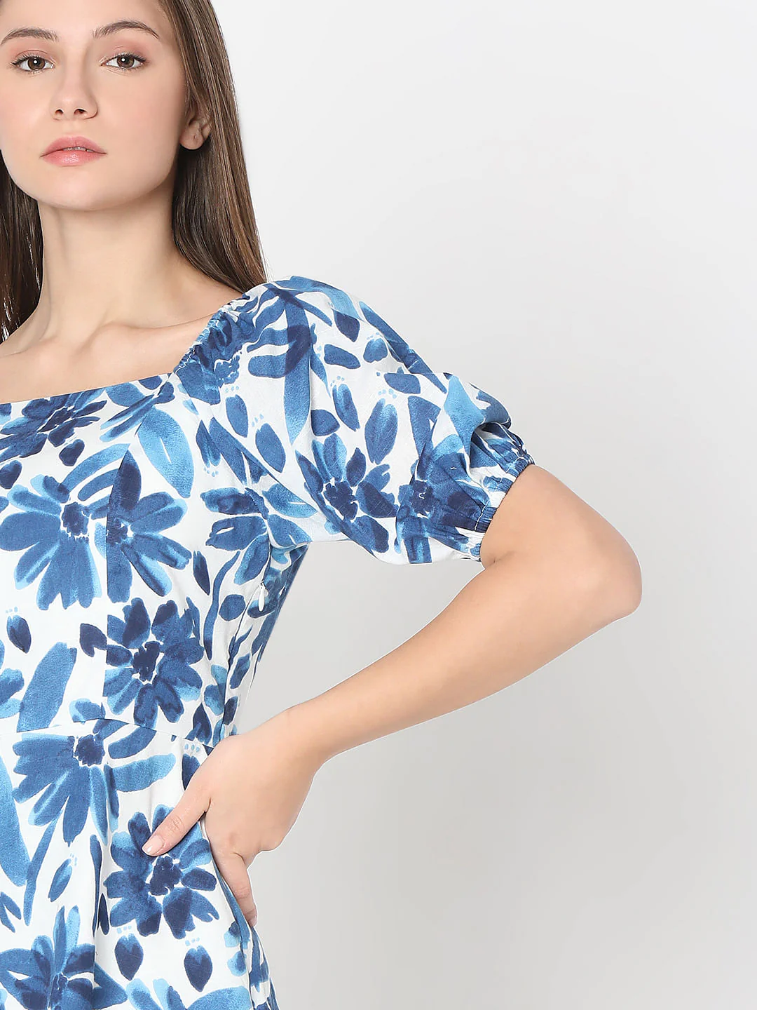 Blue Floral Print Fit & Flare Dress - Image 6