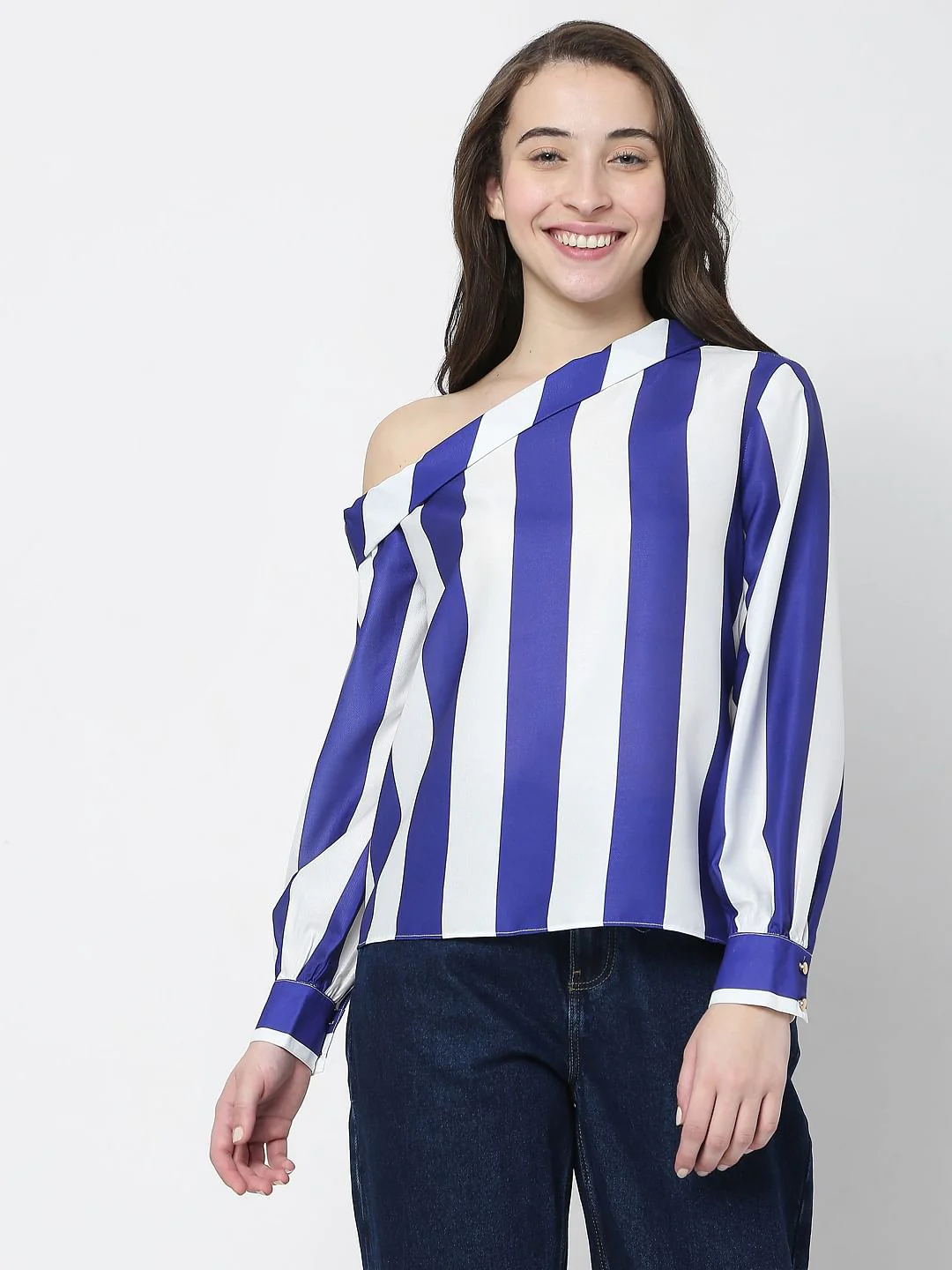 White Striped One Shoulder Top - Image 2