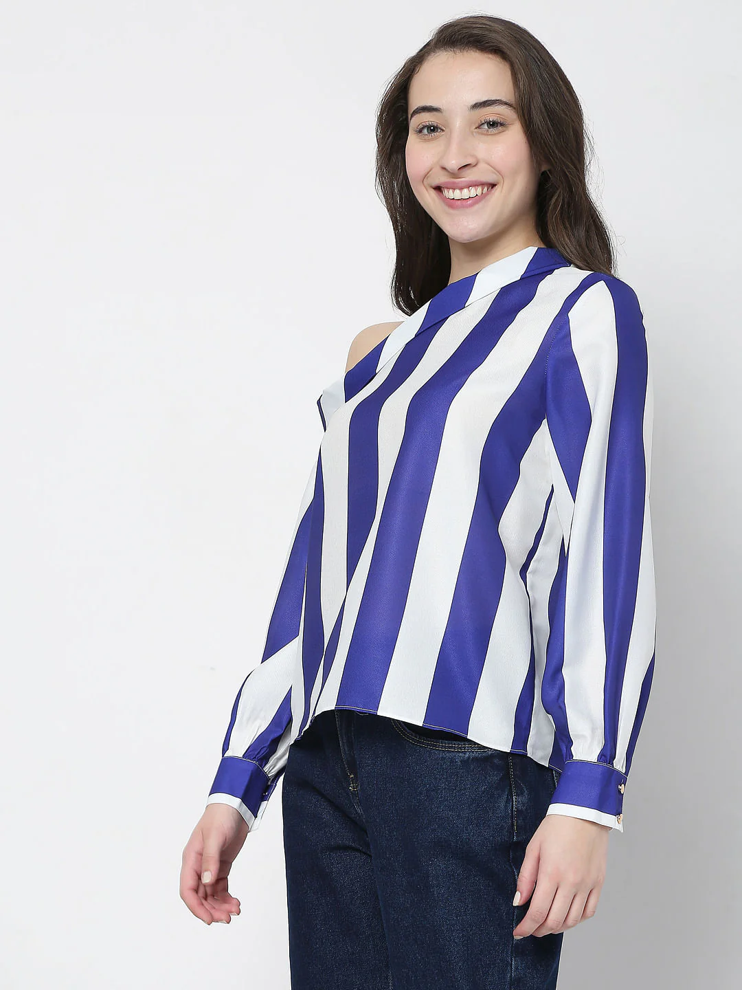 White Striped One Shoulder Top - Image 3