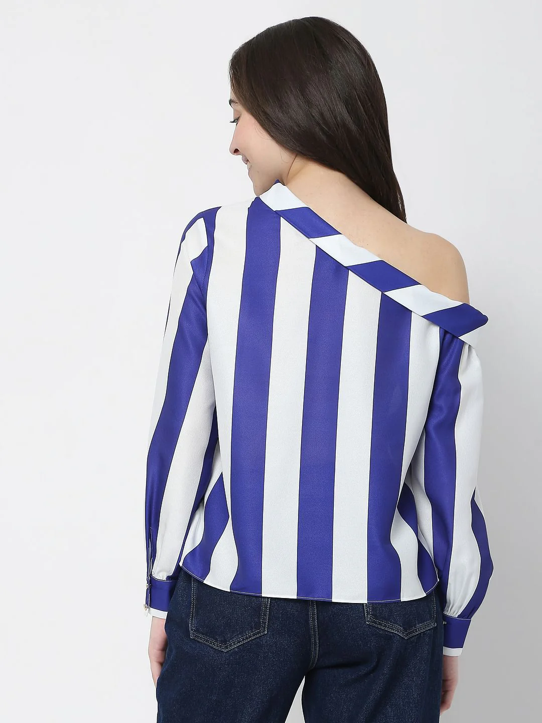 White Striped One Shoulder Top - Image 4
