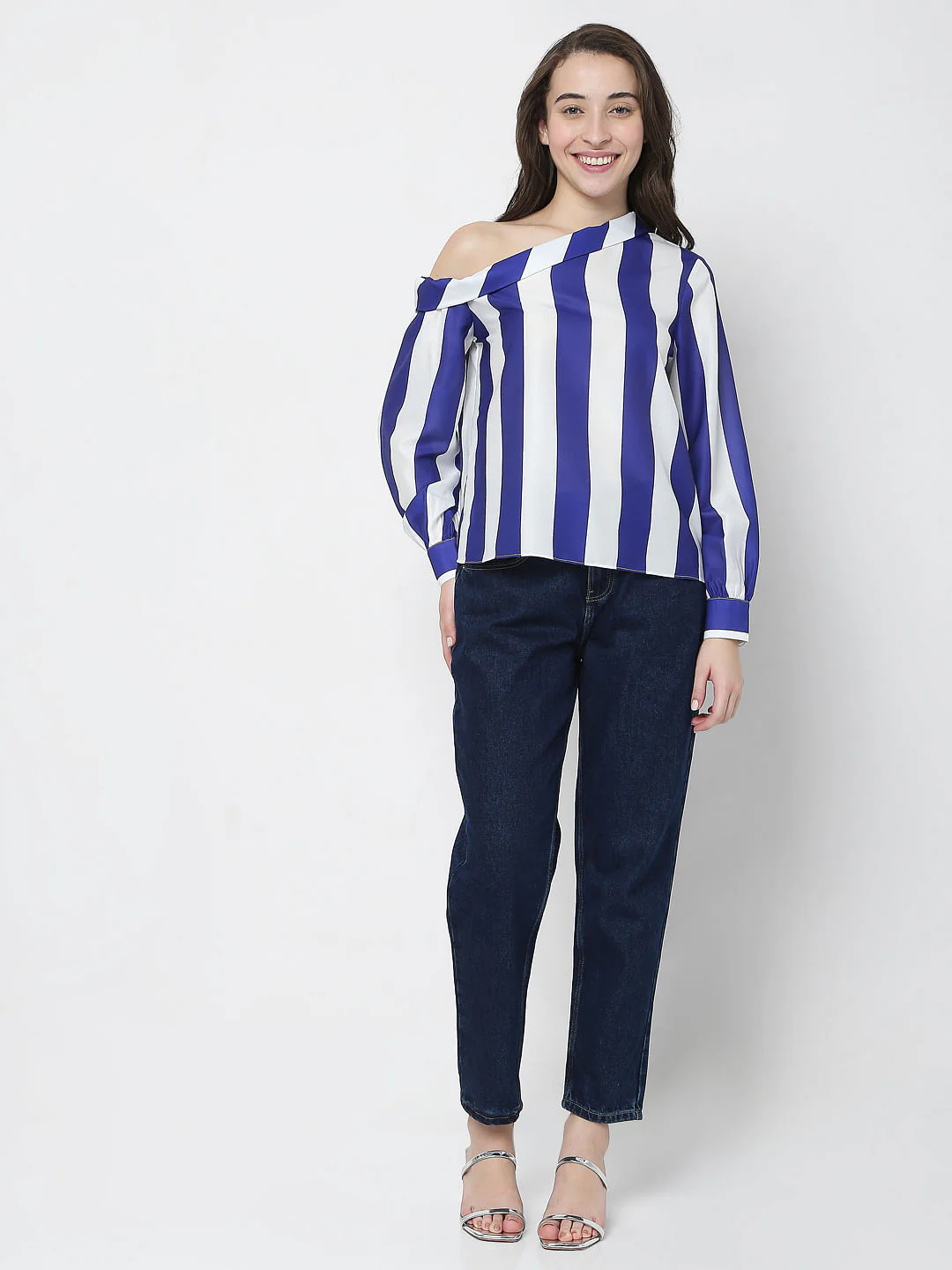 White Striped One Shoulder Top - Image 5