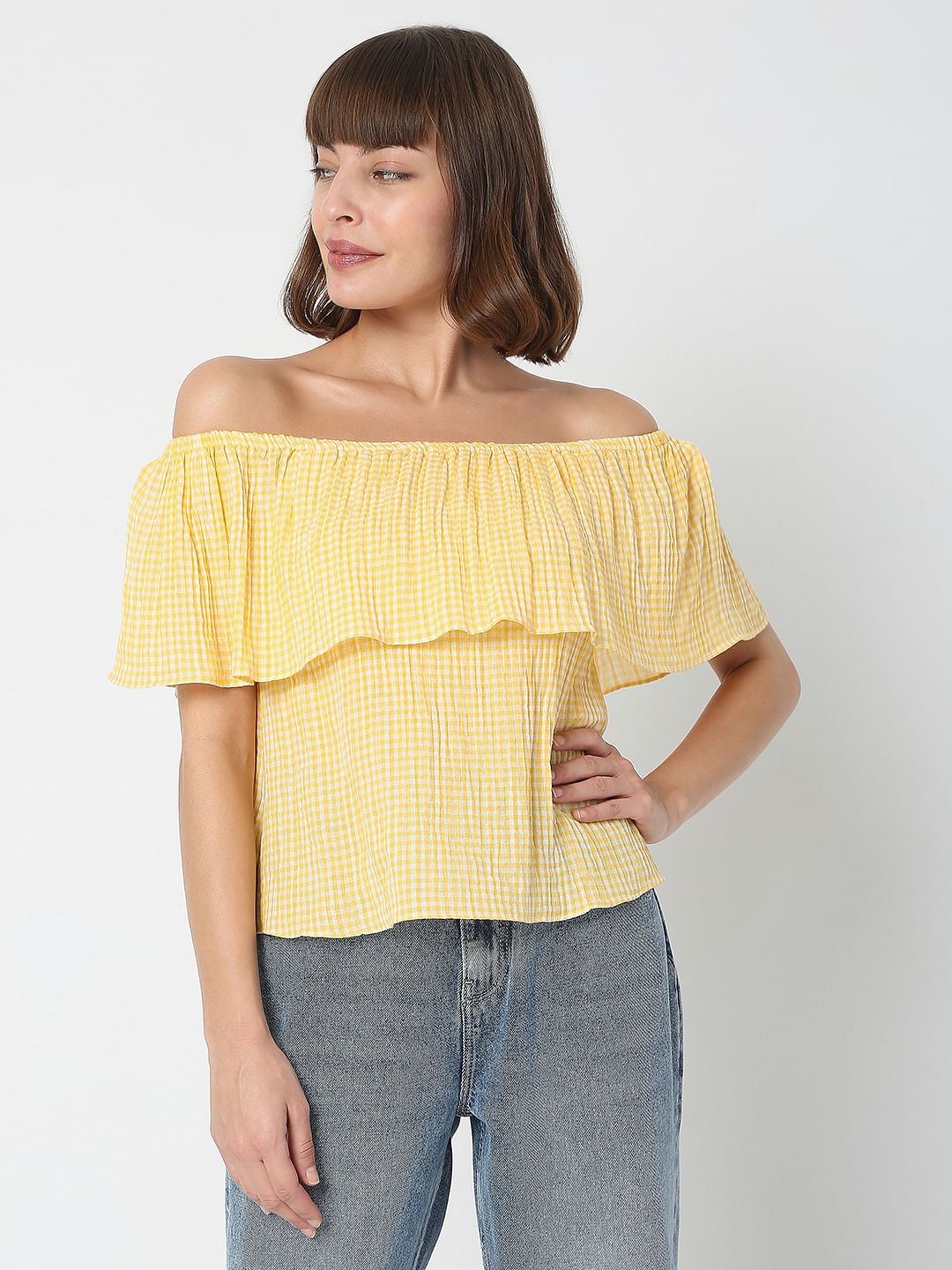 Yellow Check Off-Shoulder Top - Image 2