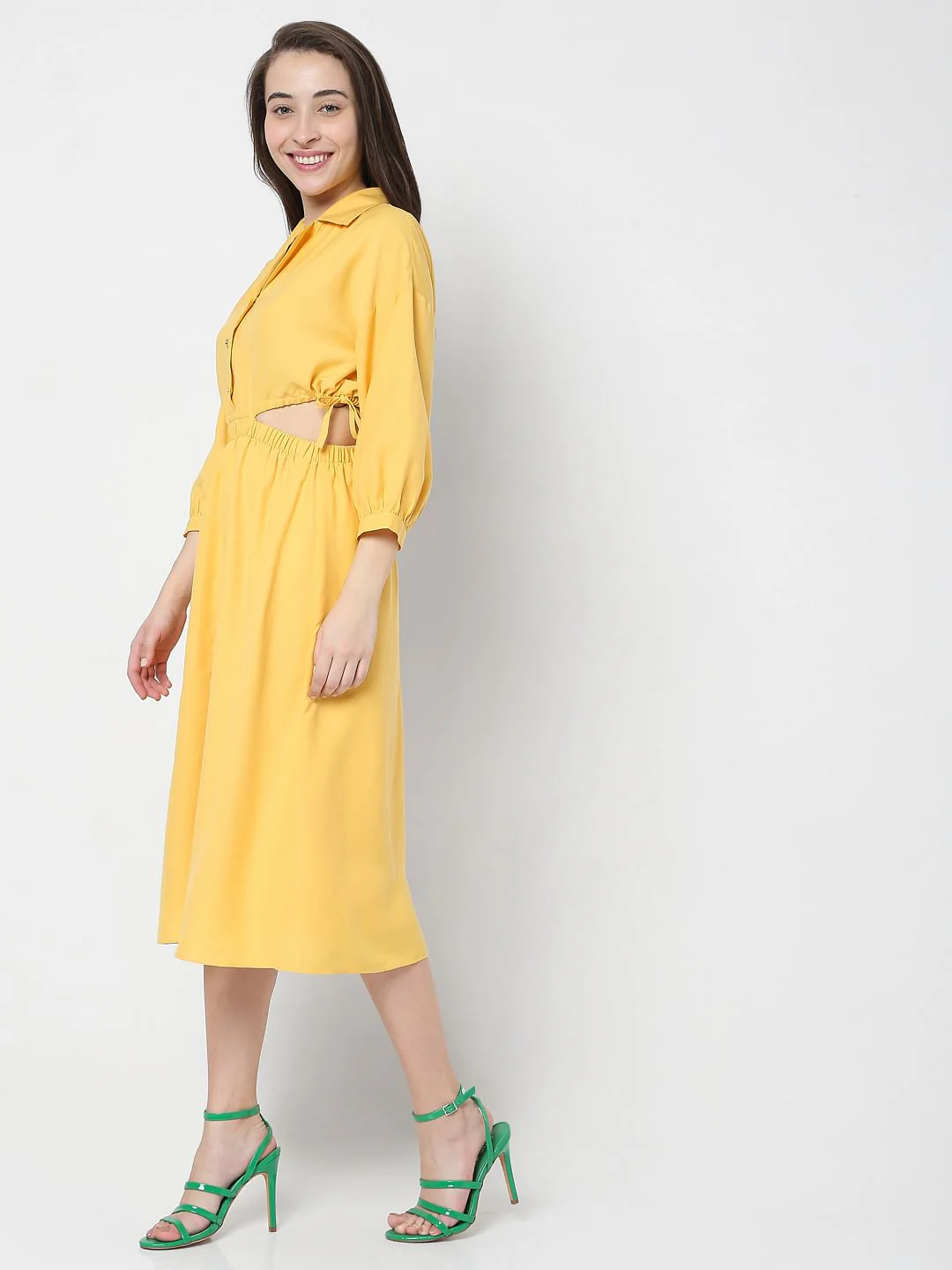 Yellow Side Cut Out Midi Dress - Image 3