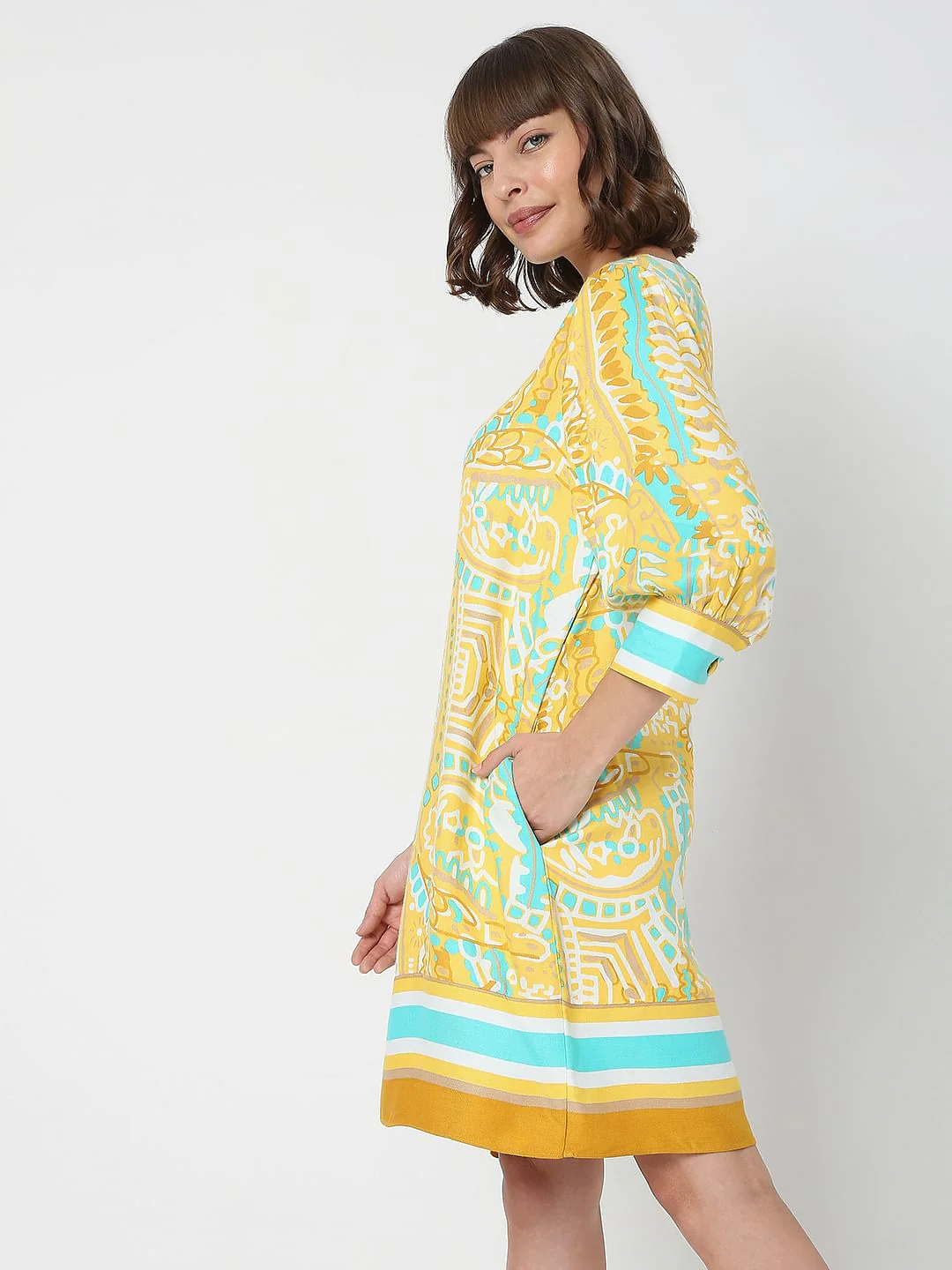 Yellow Abstract Print Shift Dress - Image 3