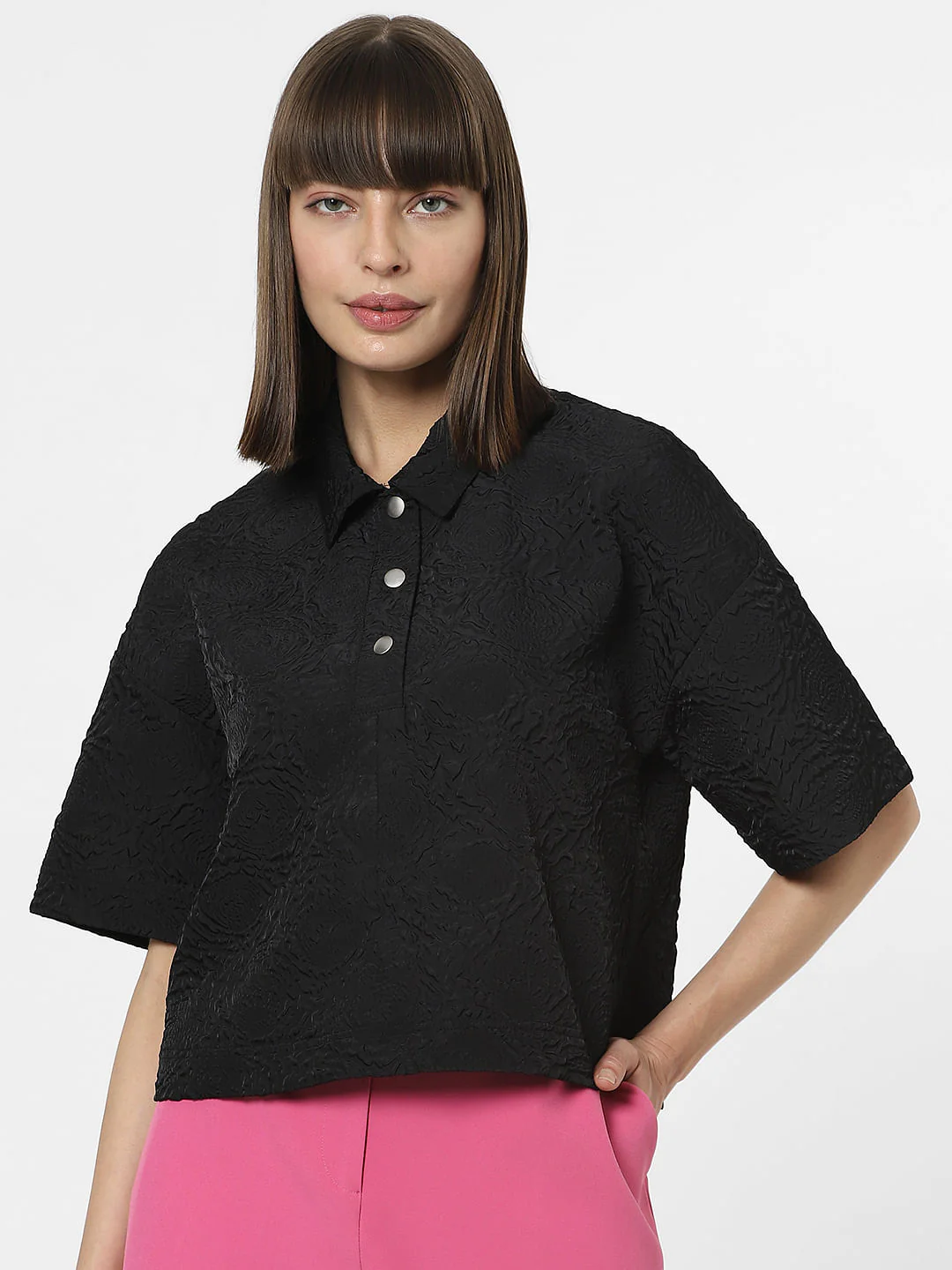 Black Textured Short Sleeves Top - Image 2