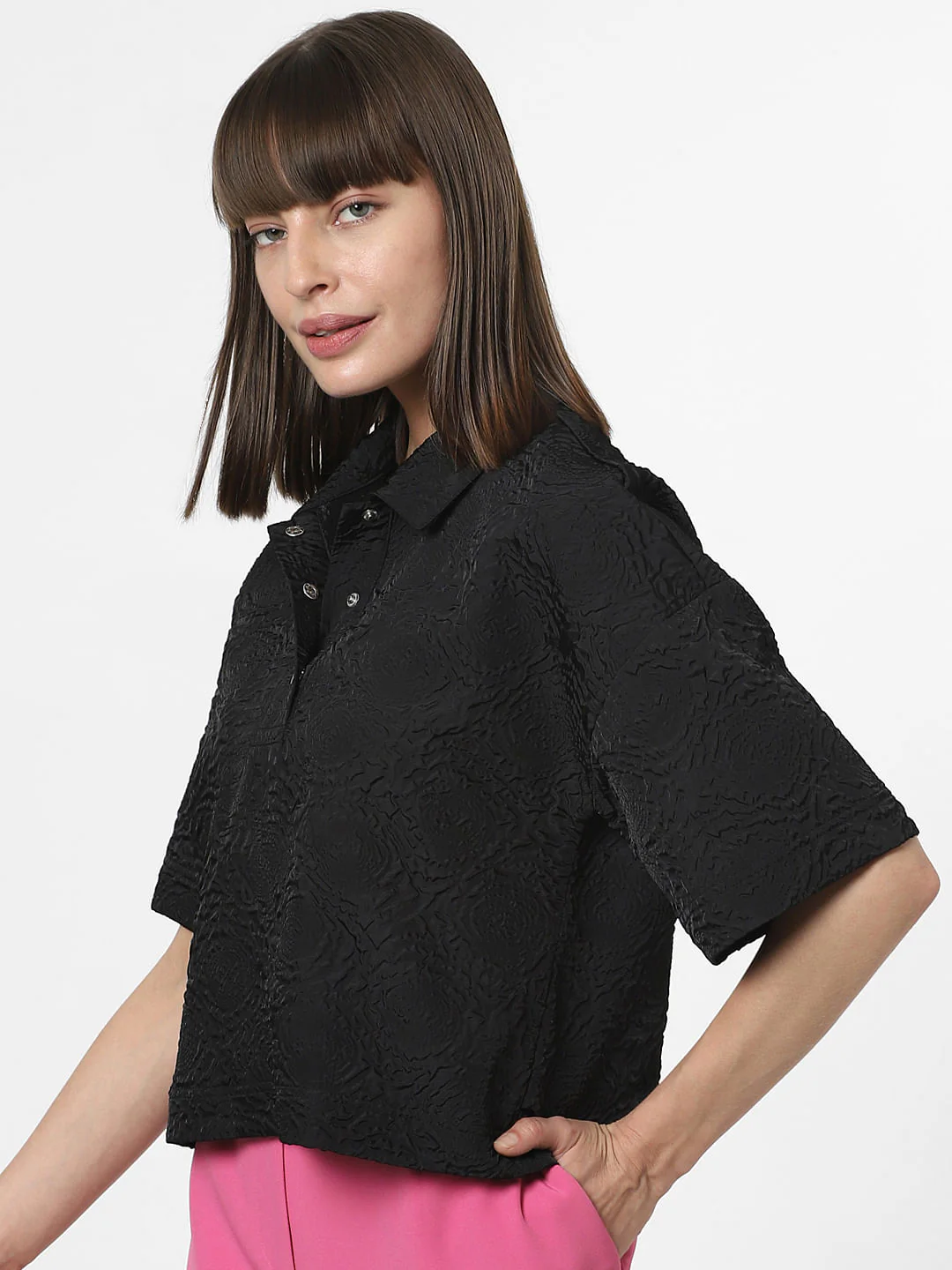 Black Textured Short Sleeves Top - Image 3