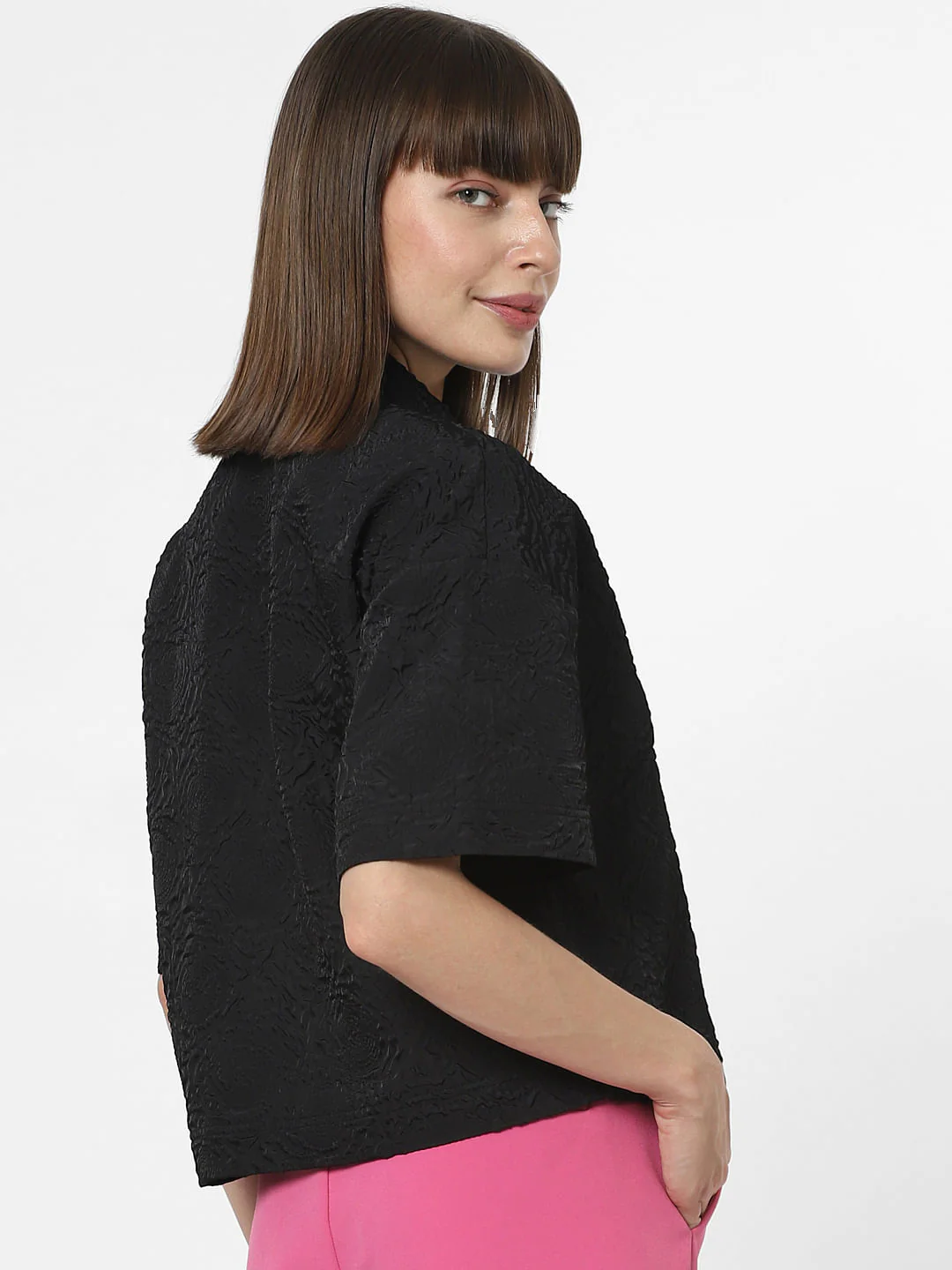 Black Textured Short Sleeves Top - Image 4