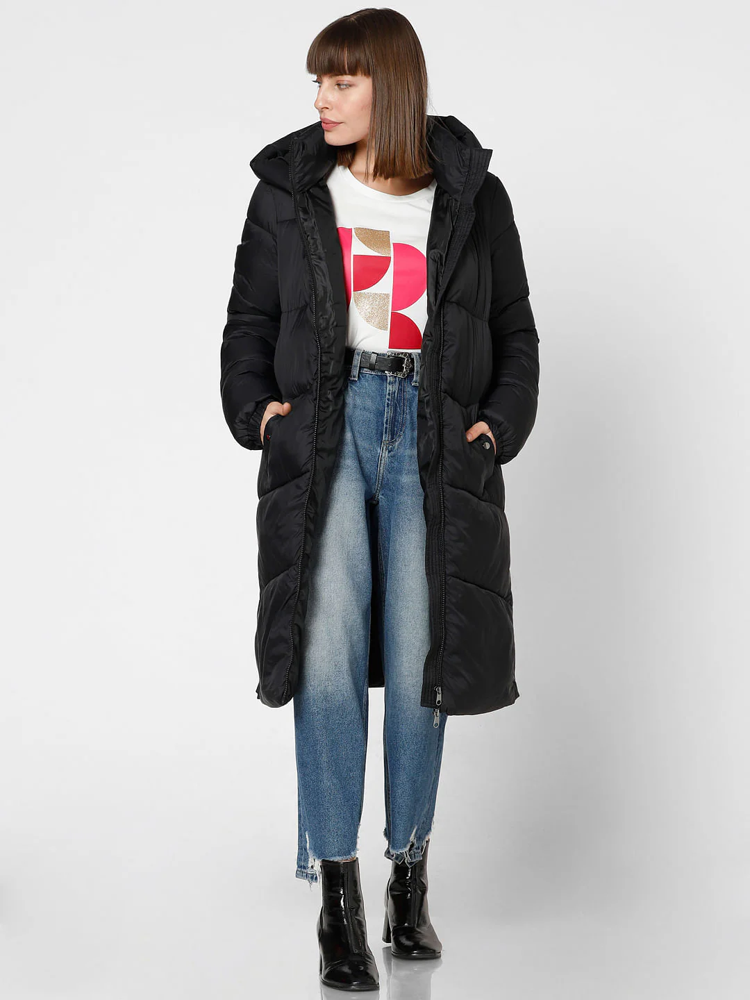 Black Long Hooded Puffer Coat - Image 2