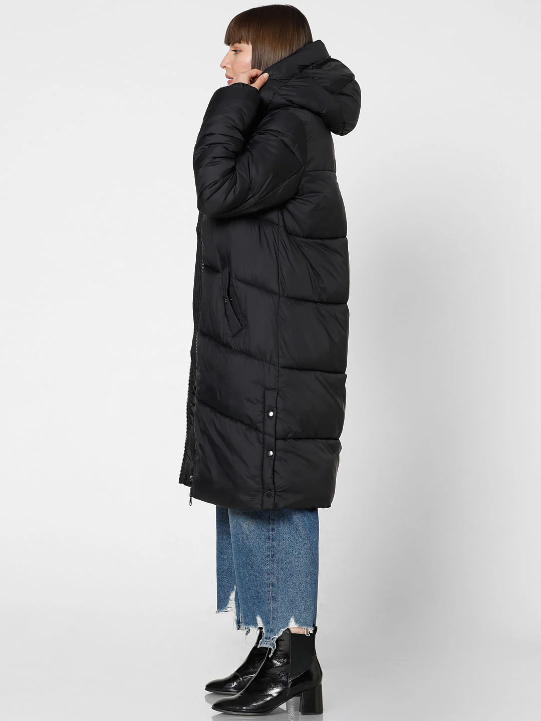 Black Long Hooded Puffer Coat - Image 3