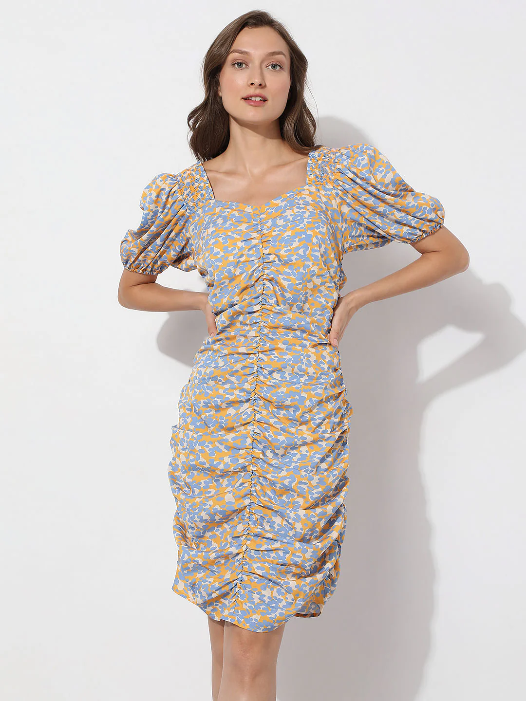 Mustard Printed Smocked Dress - Image 2