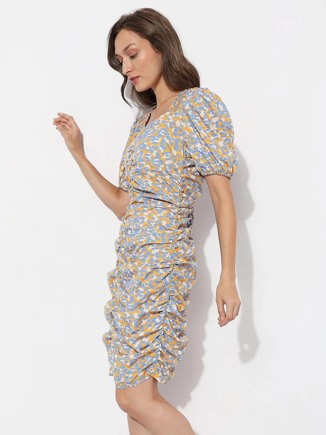 Mustard Printed Smocked Dress - Image 3